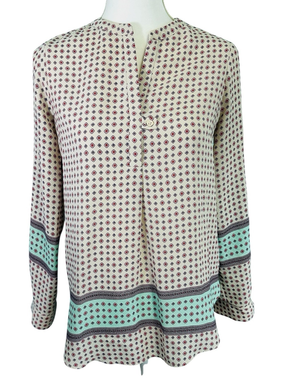Pleione Cream Tunic Top with Mint and Burgundy Print size XS